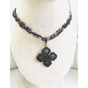 Primer Design PD Signed Beaded Necklace~Filigree Clover Pendant